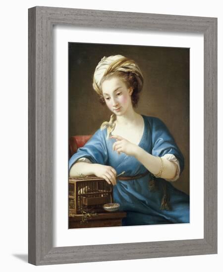 A Young Woman in Turkish Costume Seated Playing with a Cage-Bird, 1766-Joseph Marie Vien-Framed Giclee Print