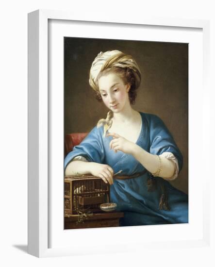 A Young Woman in Turkish Costume Seated Playing with a Cage-Bird, 1766-Joseph Marie Vien-Framed Giclee Print