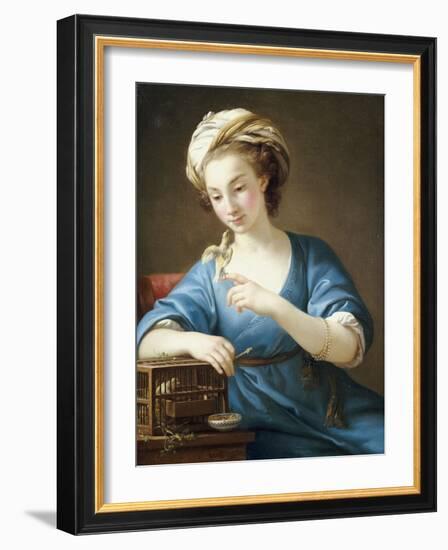 A Young Woman in Turkish Costume Seated Playing with a Cage-Bird, 1766-Joseph Marie Vien-Framed Giclee Print