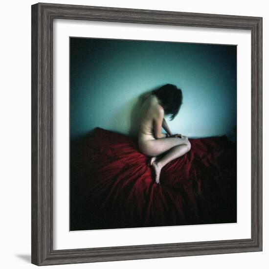 A Young Woman Sat on a Red Bed Sheet-Rafal Bednarz-Framed Photographic Print