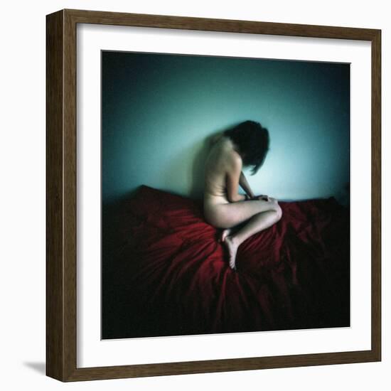 A Young Woman Sat on a Red Bed Sheet-Rafal Bednarz-Framed Photographic Print