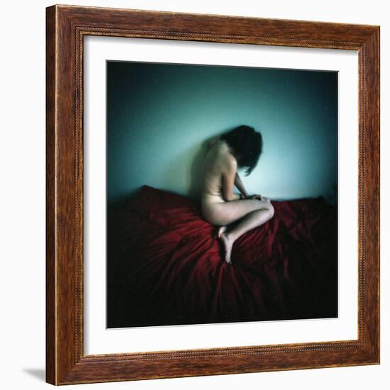 A Young Woman Sat on a Red Bed Sheet-Rafal Bednarz-Framed Photographic Print