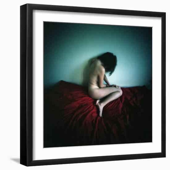 A Young Woman Sat on a Red Bed Sheet-Rafal Bednarz-Framed Photographic Print