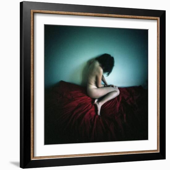 A Young Woman Sat on a Red Bed Sheet-Rafal Bednarz-Framed Photographic Print