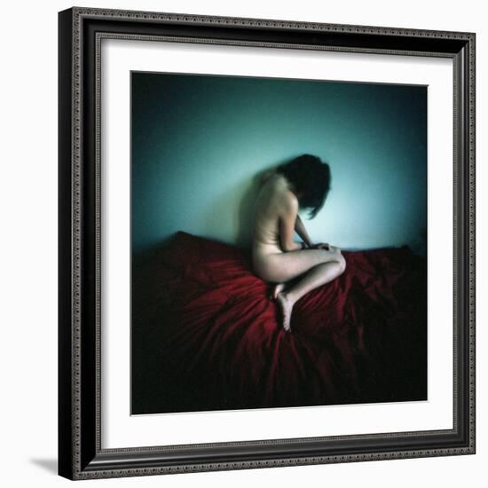 A Young Woman Sat on a Red Bed Sheet-Rafal Bednarz-Framed Photographic Print