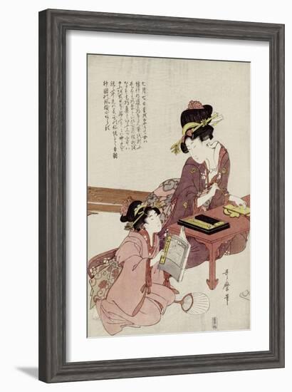 A Young Woman Seated at a Desk Writing, a Girl with a Book Looks On-Kitagawa Utamaro-Framed Giclee Print