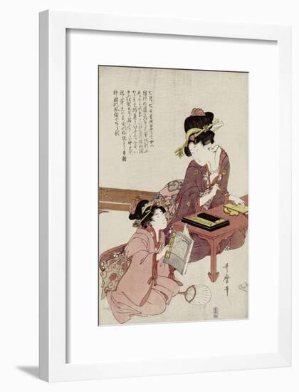 A Young Woman Seated at a Desk Writing, a Girl with a Book Looks On-Kitagawa Utamaro-Framed Giclee Print