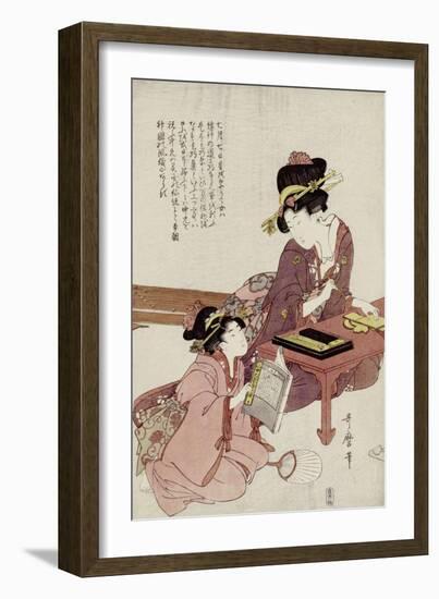 A Young Woman Seated at a Desk Writing, a Girl with a Book Looks On-Kitagawa Utamaro-Framed Giclee Print