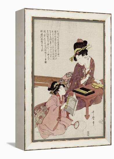 A Young Woman Seated at a Desk Writing, a Girl with a Book Looks On-Kitagawa Utamaro-Framed Premier Image Canvas