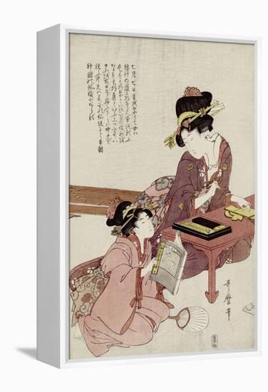 A Young Woman Seated at a Desk Writing, a Girl with a Book Looks On-Kitagawa Utamaro-Framed Premier Image Canvas