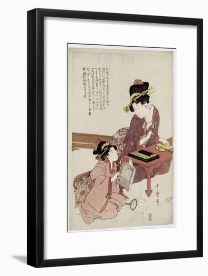 A Young Woman Seated at a Desk, Writing, a Girl with a Book Looks On-Kitagawa Utamaro-Framed Giclee Print