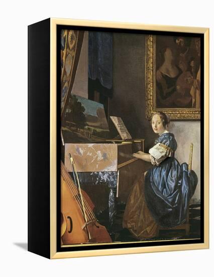 A Young Woman Seated at a Virginal-Johannes Vermeer-Framed Stretched Canvas