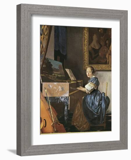 A Young Woman Seated at a Virginal-Johannes Vermeer-Framed Art Print