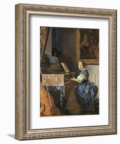 A Young Woman Seated at a Virginal-Johannes Vermeer-Framed Premium Giclee Print