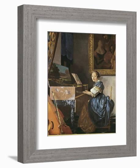 A Young Woman Seated at a Virginal-Johannes Vermeer-Framed Premium Giclee Print