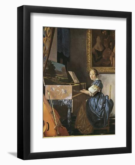 A Young Woman Seated at a Virginal-Johannes Vermeer-Framed Premium Giclee Print