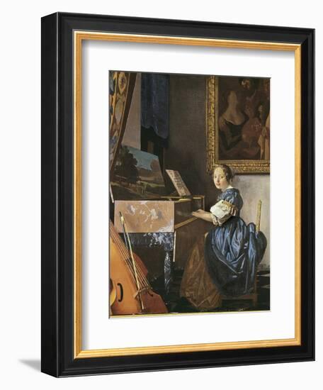 A Young Woman Seated at a Virginal-Johannes Vermeer-Framed Premium Giclee Print