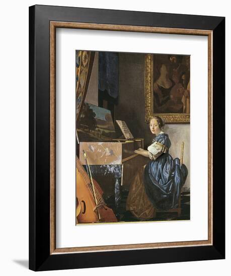 A Young Woman Seated at a Virginal-Johannes Vermeer-Framed Art Print