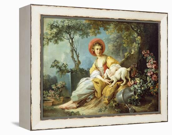 A Young Woman Seated with a Dog and a Watering Can in a Garden-Jean-Honoré Fragonard-Framed Premier Image Canvas