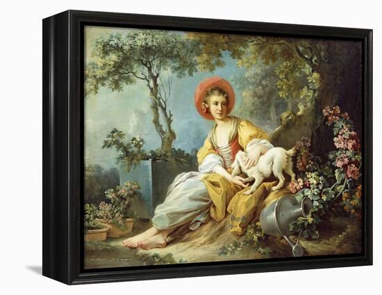 A Young Woman Seated with a Dog and a Watering Can in a Garden-Jean-Honoré Fragonard-Framed Premier Image Canvas