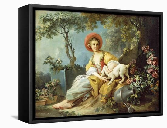 A Young Woman Seated with a Dog and a Watering Can in a Garden-Jean-Honoré Fragonard-Framed Premier Image Canvas