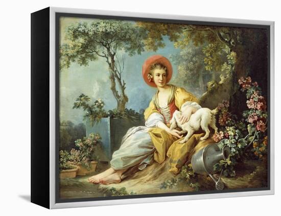 A Young Woman Seated with a Dog and a Watering Can in a Garden-Jean-Honoré Fragonard-Framed Premier Image Canvas