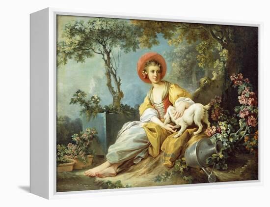 A Young Woman Seated with a Dog and a Watering Can in a Garden-Jean-Honoré Fragonard-Framed Premier Image Canvas