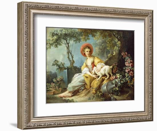 A Young Woman Seated with a Dog and a Watering Can in a Garden-Jean-Honoré Fragonard-Framed Giclee Print