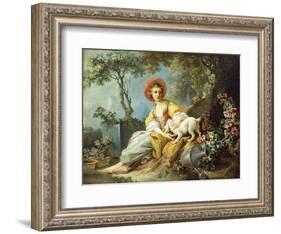 A Young Woman Seated with a Dog and a Watering Can in a Garden-Jean-Honoré Fragonard-Framed Giclee Print