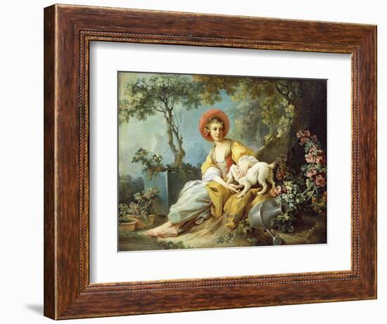 A Young Woman Seated with a Dog and a Watering Can in a Garden-Jean-Honoré Fragonard-Framed Giclee Print