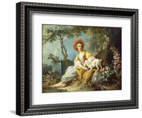 A Young Woman Seated with a Dog and a Watering Can in a Garden-Jean-Honoré Fragonard-Framed Giclee Print
