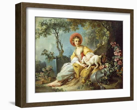 A Young Woman Seated with a Dog and a Watering Can in a Garden-Jean-Honoré Fragonard-Framed Giclee Print