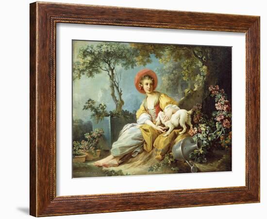 A Young Woman Seated with a Dog and a Watering Can in a Garden-Jean-Honoré Fragonard-Framed Giclee Print