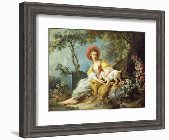 A Young Woman Seated with a Dog and a Watering Can in a Garden-Jean-Honoré Fragonard-Framed Giclee Print