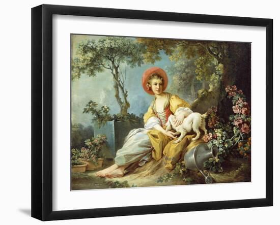 A Young Woman Seated with a Dog and a Watering Can in a Garden-Jean-Honoré Fragonard-Framed Giclee Print