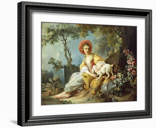 A Young Woman Seated with a Dog and a Watering Can in a Garden-Jean-Honoré Fragonard-Framed Giclee Print