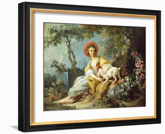 A Young Woman Seated with a Dog and a Watering Can in a Garden-Jean-Honoré Fragonard-Framed Giclee Print