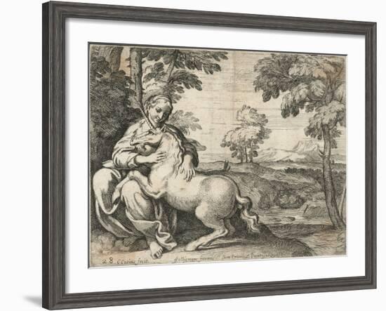 A Young Woman Sits in a Wood Caressing a Unicorn-null-Framed Giclee Print