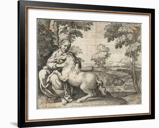 A Young Woman Sits in a Wood Caressing a Unicorn--Framed Giclee Print