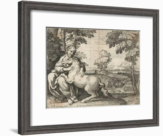 A Young Woman Sits in a Wood Caressing a Unicorn-null-Framed Giclee Print