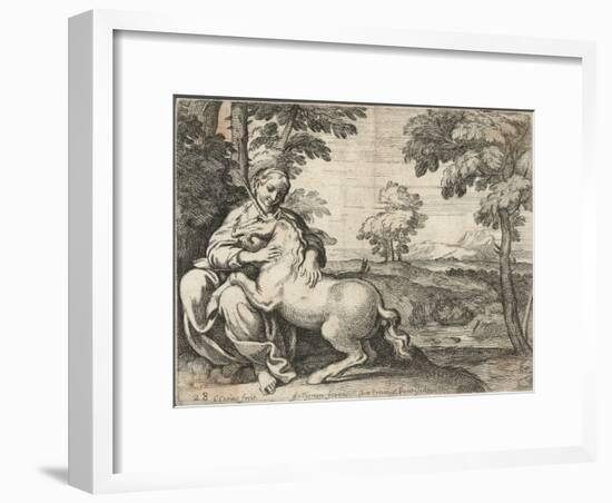 A Young Woman Sits in a Wood Caressing a Unicorn-null-Framed Giclee Print