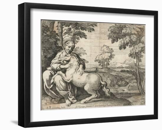 A Young Woman Sits in a Wood Caressing a Unicorn-null-Framed Giclee Print