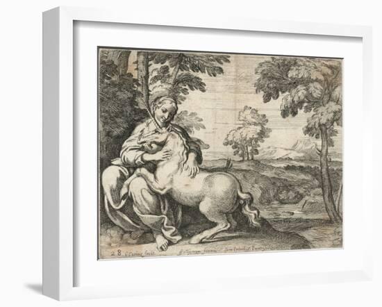 A Young Woman Sits in a Wood Caressing a Unicorn-null-Framed Giclee Print