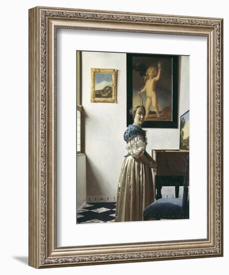 A Young Woman Standing at a Virginal-Johannes Vermeer-Framed Premium Giclee Print