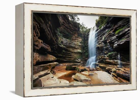 A Young Woman Stretches under Cachoeira Mosquito in Chapada Diamantina National Park-Alex Saberi-Framed Premier Image Canvas