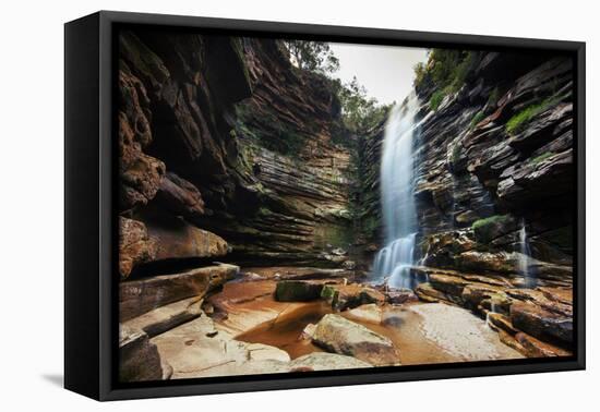 A Young Woman Stretches under Cachoeira Mosquito in Chapada Diamantina National Park-Alex Saberi-Framed Premier Image Canvas