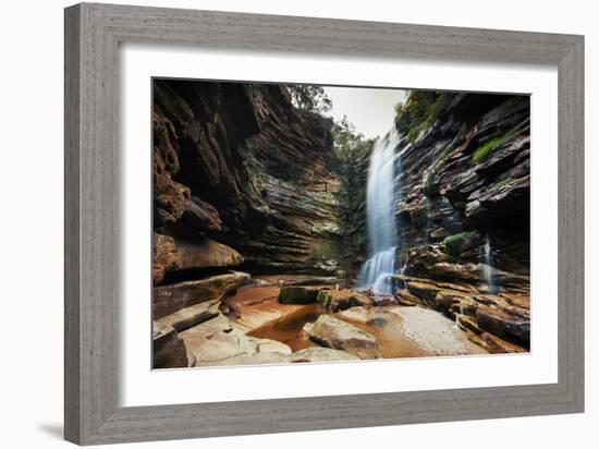 A Young Woman Stretches under Cachoeira Mosquito in Chapada Diamantina National Park-Alex Saberi-Framed Photographic Print