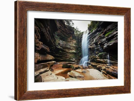 A Young Woman Stretches under Cachoeira Mosquito in Chapada Diamantina National Park-Alex Saberi-Framed Photographic Print