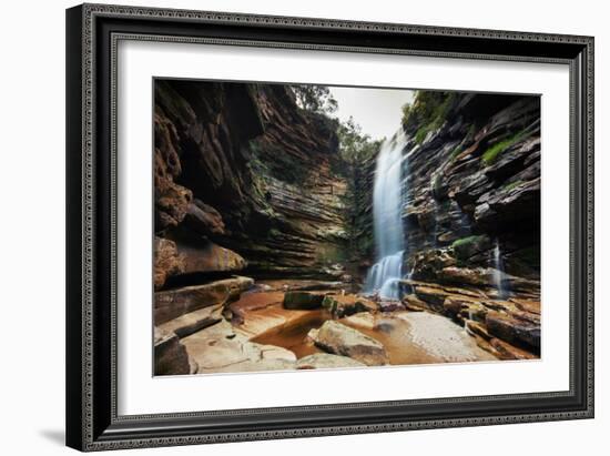 A Young Woman Stretches under Cachoeira Mosquito in Chapada Diamantina National Park-Alex Saberi-Framed Photographic Print