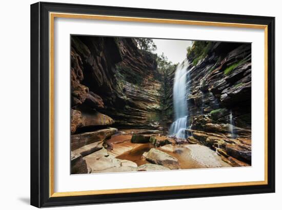 A Young Woman Stretches under Cachoeira Mosquito in Chapada Diamantina National Park-Alex Saberi-Framed Photographic Print